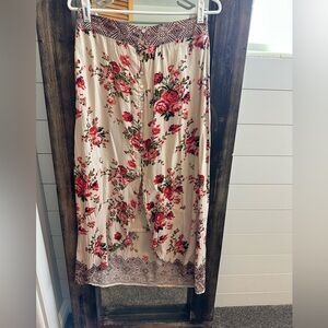 Angie Boho Floral Button Front Midi Skirt Lace Waist Size M